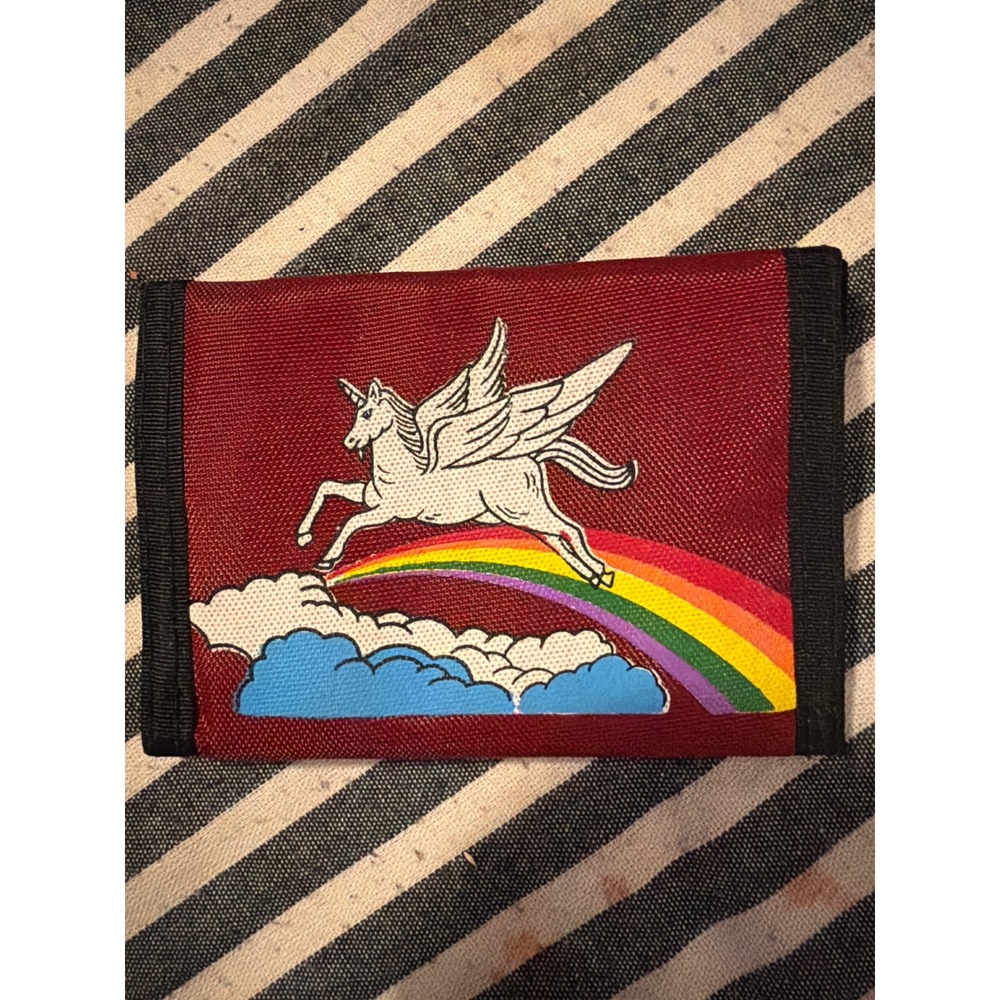 Vintage Pegasus Rainbow Canvas Trifold Wallet Burgundy Red Retro 80s Aesthetic